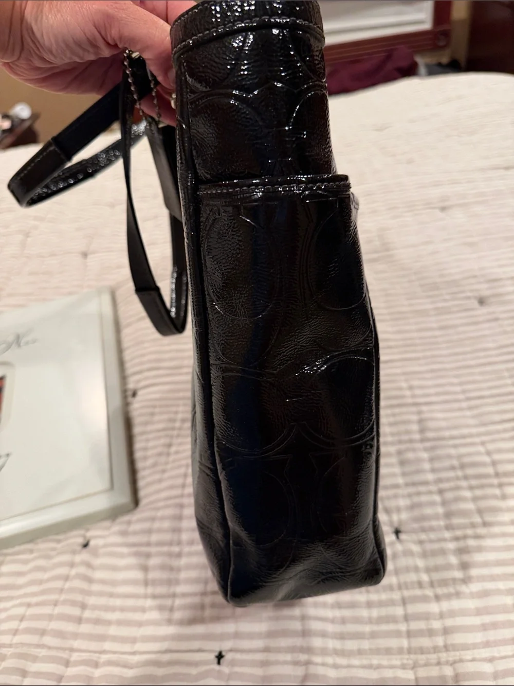 Coach Black Patent Leather Tote with Signature Jacquard